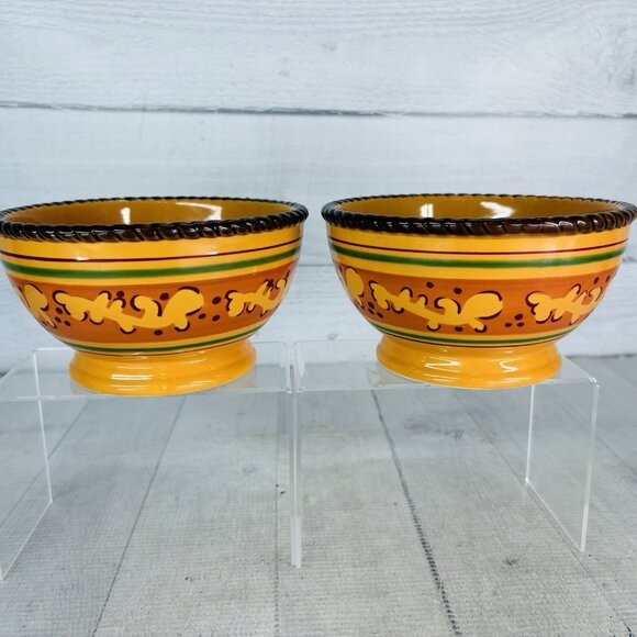 Celebrating Home TUSCAN Orange Yellow Stoneware Footed Soup Cereal Bowls Set 2 - Picture 2 of 16